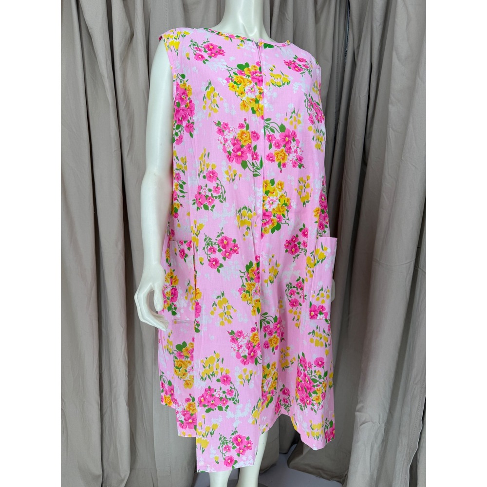 Vintage 60s 70s Pink Floral House Dress Duster Sleeveless Zip Plus Size NOS